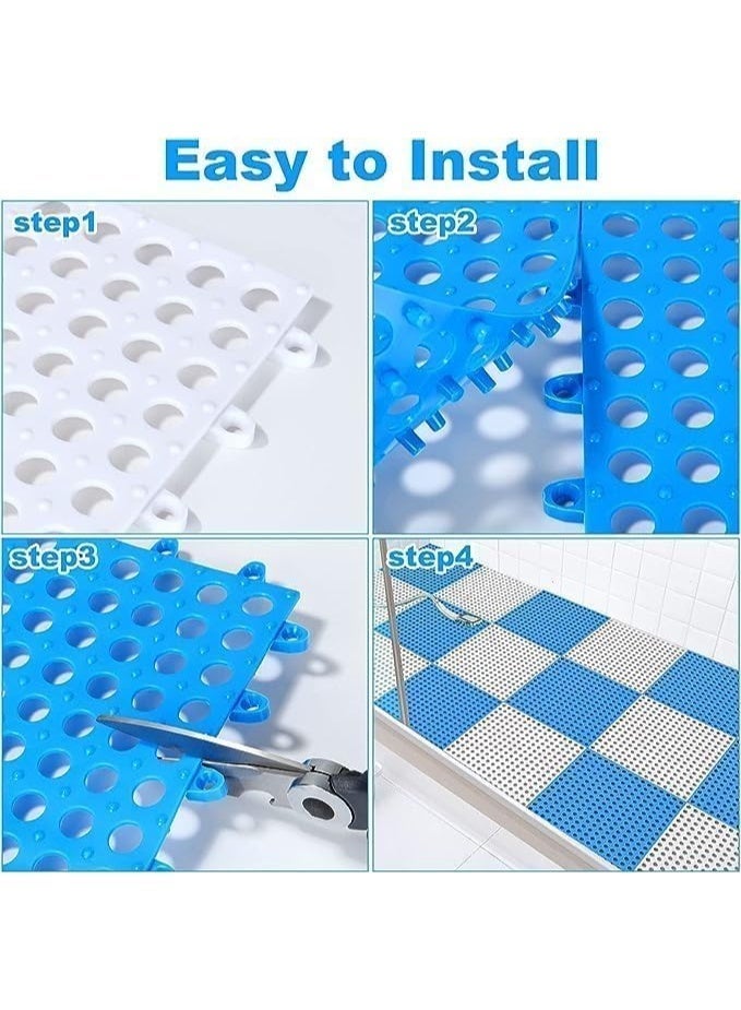 MunKan 12-Pcs PVC Bath Mat Non Slip Shower Mat Bathroom Mats Bathroom Rugs Interlocking Soft Floor Mats PVC Floor Mat With Drain Holes For Home Kitchen Bathroom Shower Pool Balcony ( 6 Pcs Blue + 6 Pcs White ) - Image 4